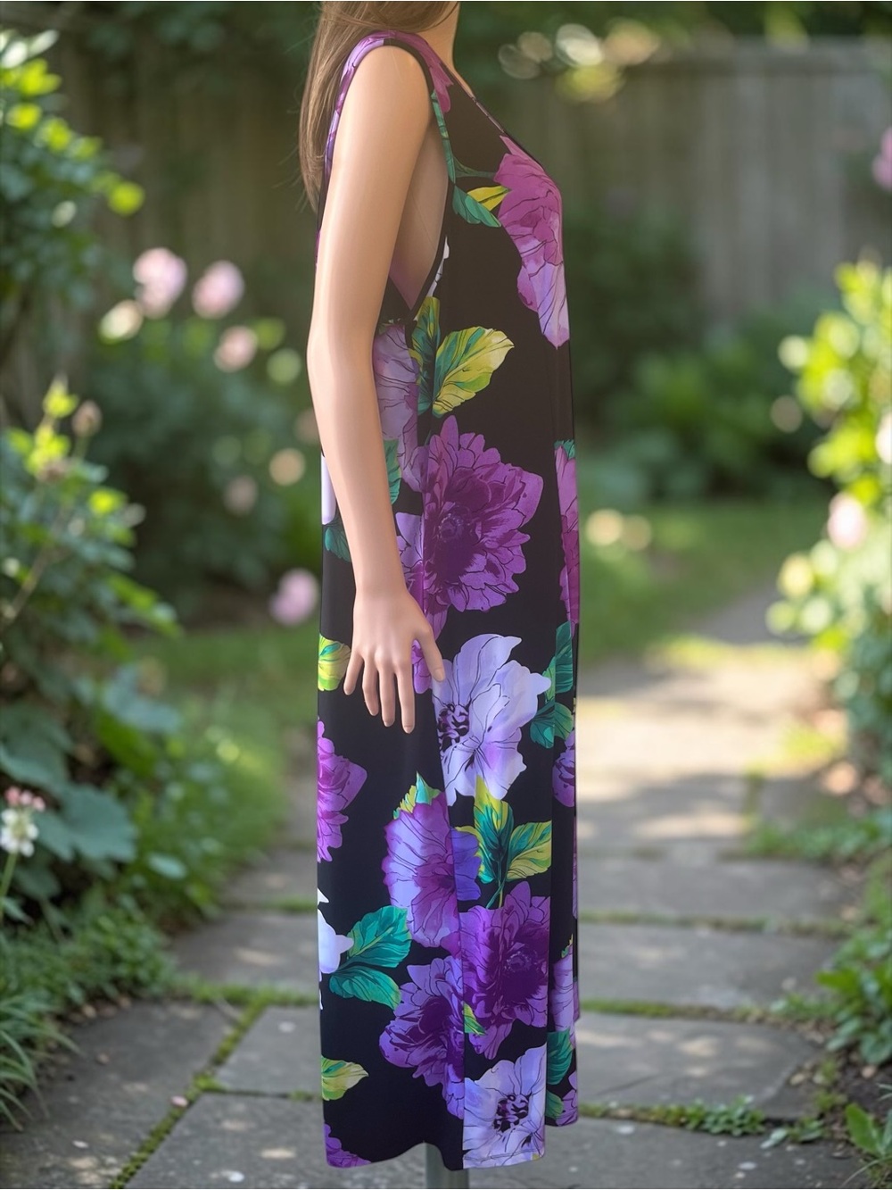 Susan Graver Black Purple Floral Stretch Maxi Tank Dress 2X - Picture 4 of 7